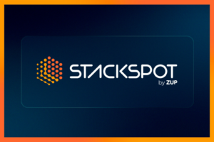 Imagem capa do conteúdo "Blog da Stackspot", com fundo azul e borda laranja, escrito ao centro "stackspot by zup".