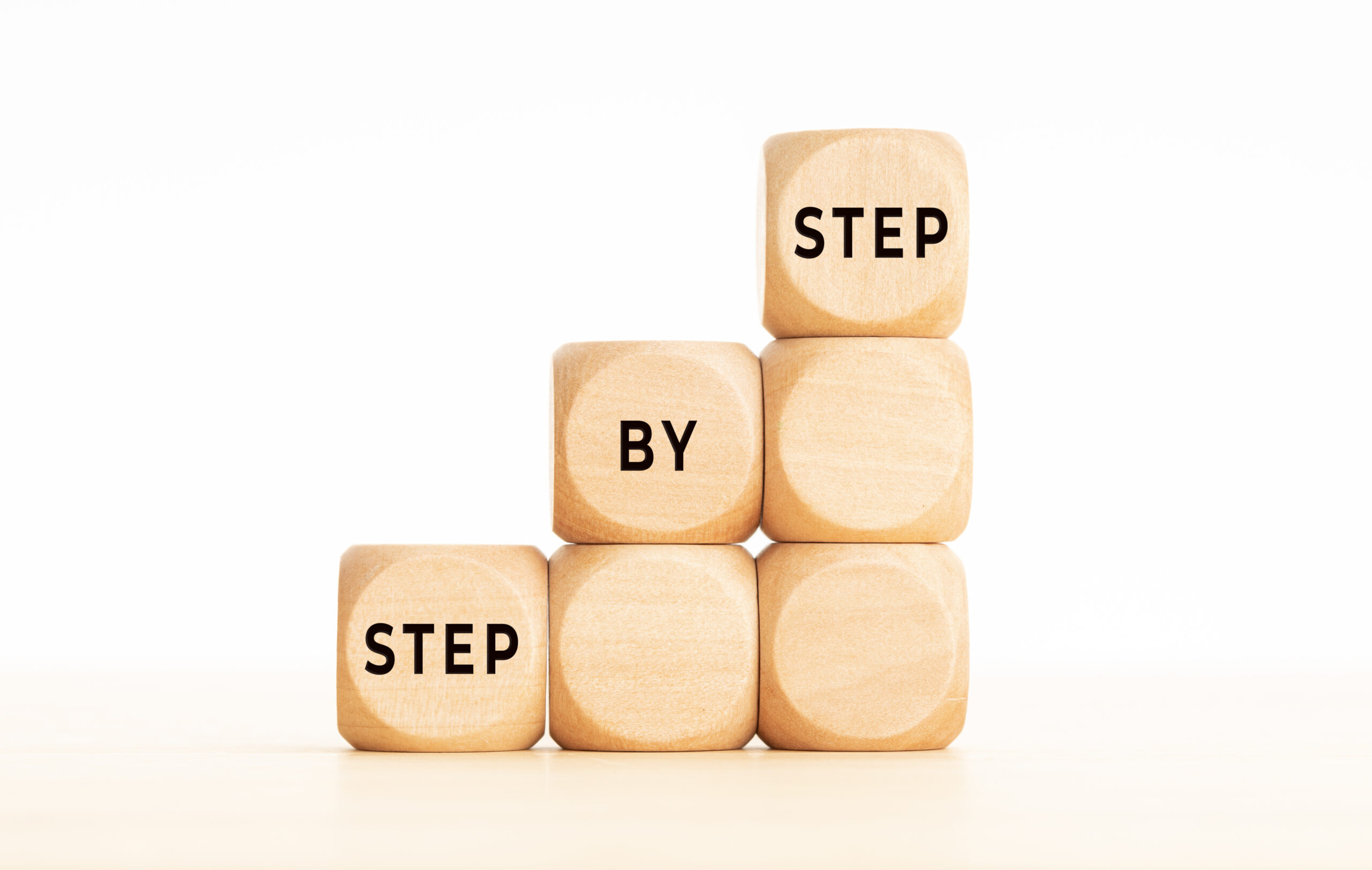 Image cover of the content about 'Step-by-step to create your first application plugin on StackSpot', where there is a step-by-step sentence in the form of a wooden block. Copy space. White background.
