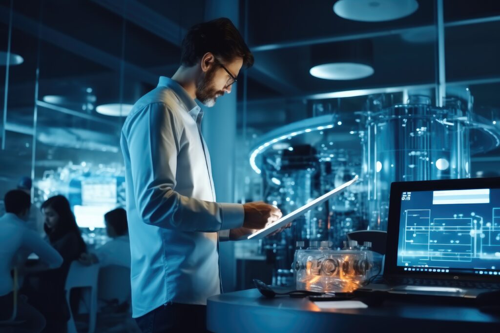 Cover image for the content 'What every CDO should already know about AI,' featuring a Chief Engineer Officer standing in the middle of a laboratory, using a tablet computer. In the background, developers are working on engine design using a digital whiteboard and computer.