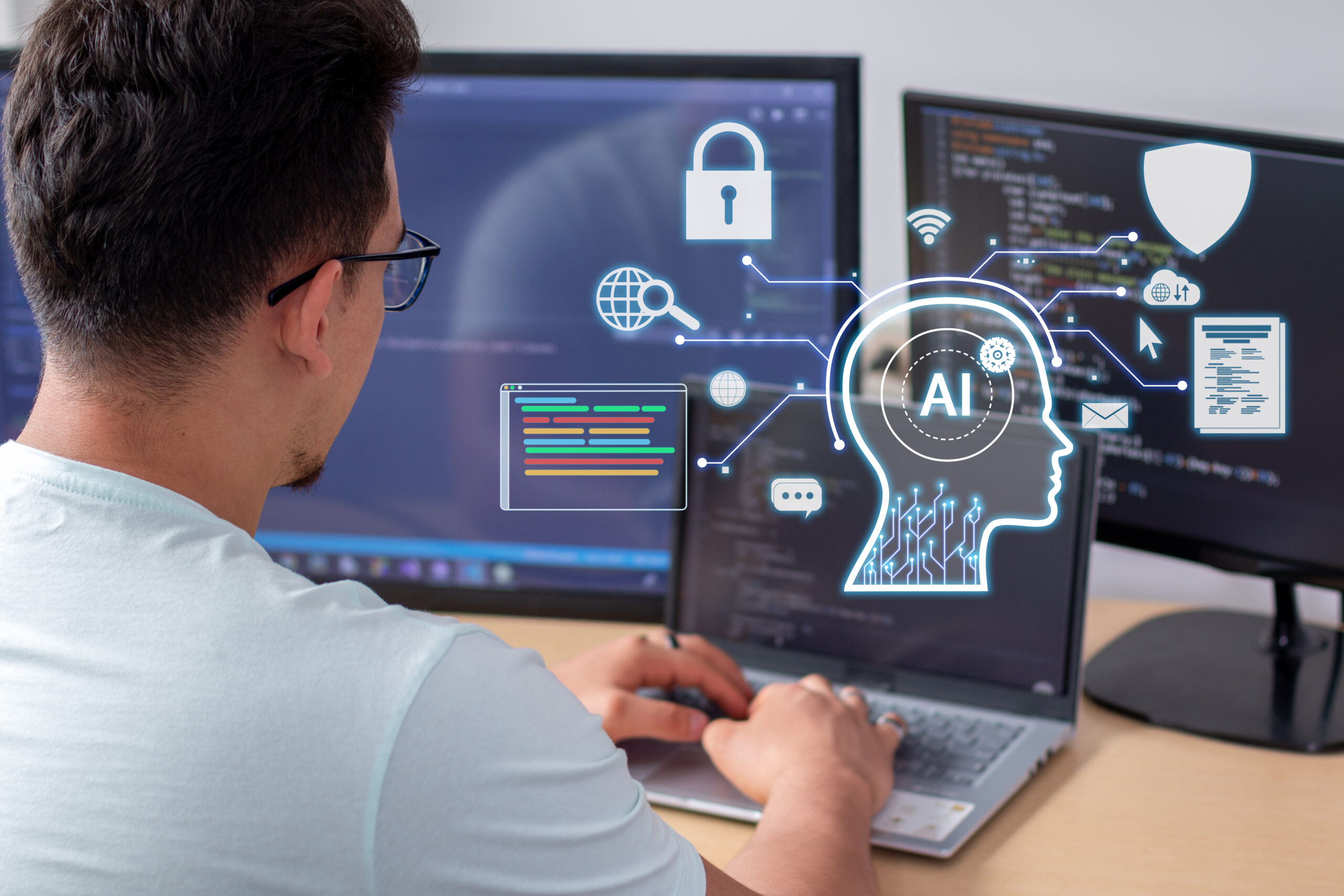 Capa do artigo com uma foto de um homem branco de costas digitando em seu notebook, na frente dele também estão mais monitores. Na frente do notebook, está uma imagem simbolizando inteligência artificial com uma cabeça humana de perfil e AI no local do cérebro.