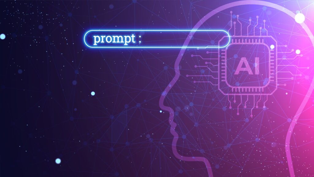 Cover image of the content about Prompt Engineering, featuring a futuristic AI prompt illustration. High-tech background concept. Ready to use command prompt box.