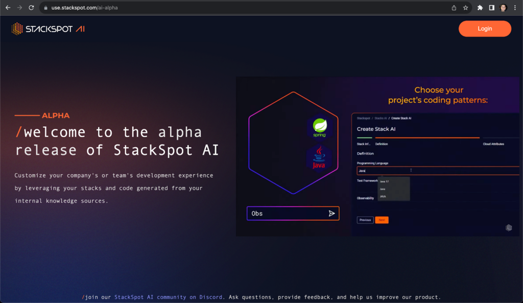Screenshot of the StackSpot AI Alpha page with the highlighted text on the left Welcome to the alpha release of StackSpot AI. In the center is a polygon with the Sping and Java symbols inside. On the right-hand side is the text Choose your project' coding patterns and a screenshot of the platform itself.

Content: legacy mobile modernization