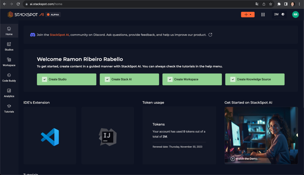 Screenshot of the platform's home page. Above is StackSpot AI and buttons, on the left are the icons for home, studios, workplace, code buddy, analytics and tutorials and in the center is a welcome message and options to create studios, stack AI, workplace or knowledge source.Content: Legacy Mobile Modernization