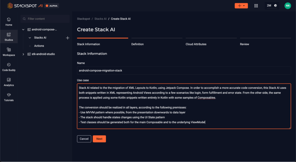 Screenshot of the Create Stack AI page specifically with Stack Information. It shows the name and use case options.