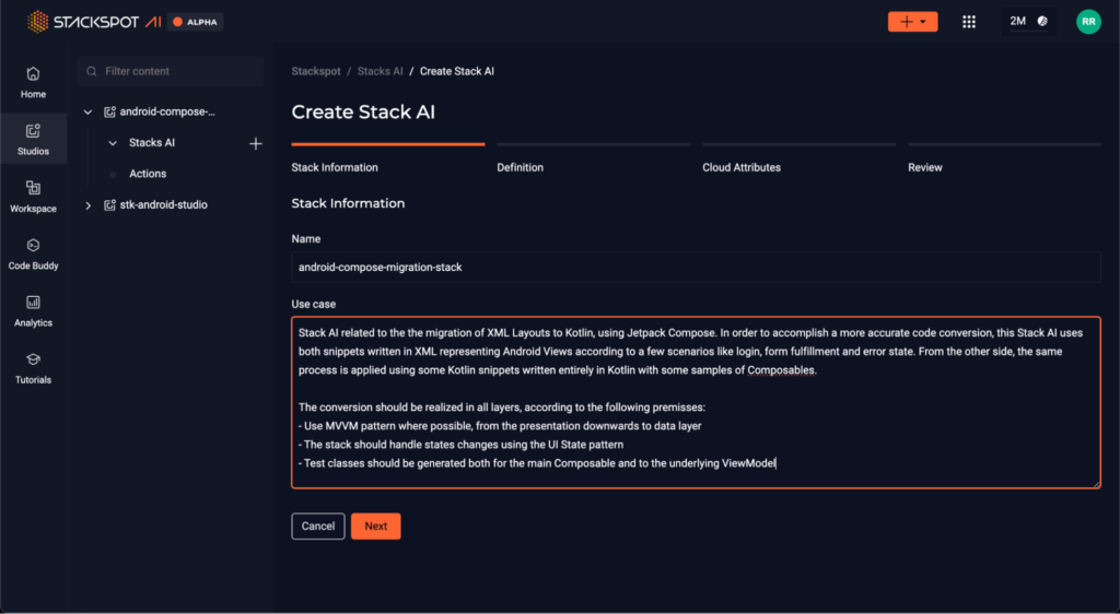 Screenshot of the Create Stack AI page specifically with Stack Information. It shows the name and use case options.Content: legacy mobile modernization