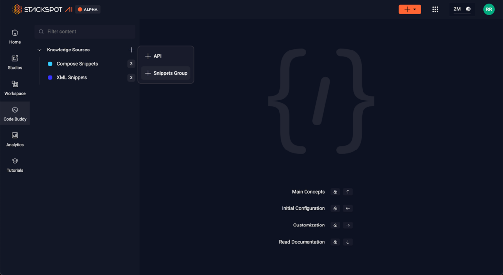 StackSpot screen, where Knowledge Sources is selected, plus API and Snippets Group.

Content Legacy Mobile Modernization