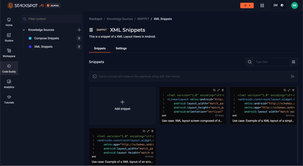 StackSpot screen with the Knowledge Sources, Snippet and XML Snippet options selected. Occupying part of the screen are xml code files.