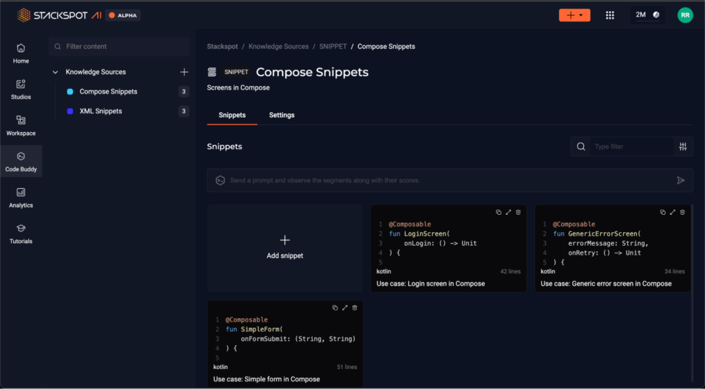 StackSpot screen with the Knowledge Sources, Snippet and Compose Snippet options selected. Occupying part of the screen are files with code in Kotlin.Content: Legacy Mobile modernization