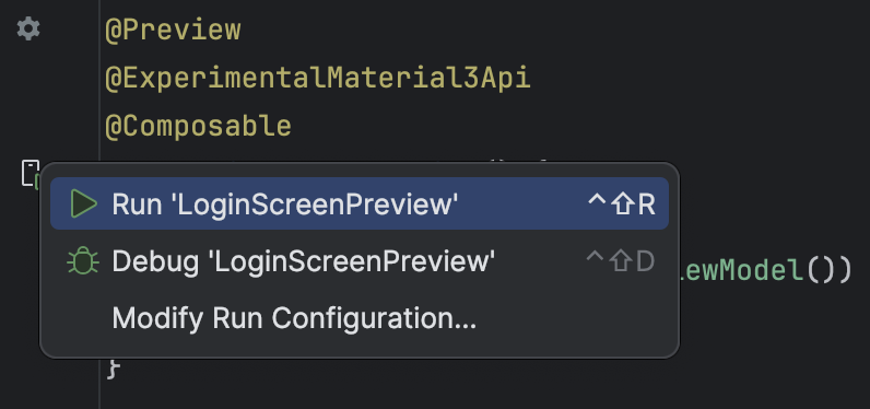 Screen with the app loaded on the emulator or physical device, on which you can see Run 'LoginScreenPreview' selected.

Content: Legacy Mobile Modernization