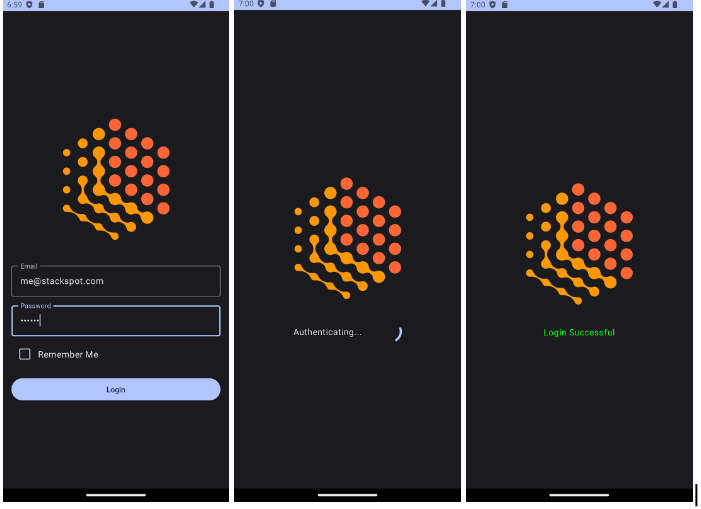 Three side-by-side images of the StackSpot login screen. The first has the StackSpot logo, the polygon formed by small orange balls, and the email and password fields. The second also has the logo, but with Authenticating. The last one has the logo and Login Successful.

Content: legacy mobile modernization