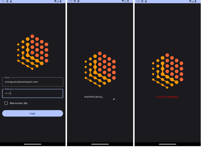 Three side-by-side images of the StackSpot login screen. The first has the StackSpot logo, the polygon formed by small orange balls, and the email and password fields. The second also has the logo, but with Authenticating. The last one has the logo and Invalid credentials.