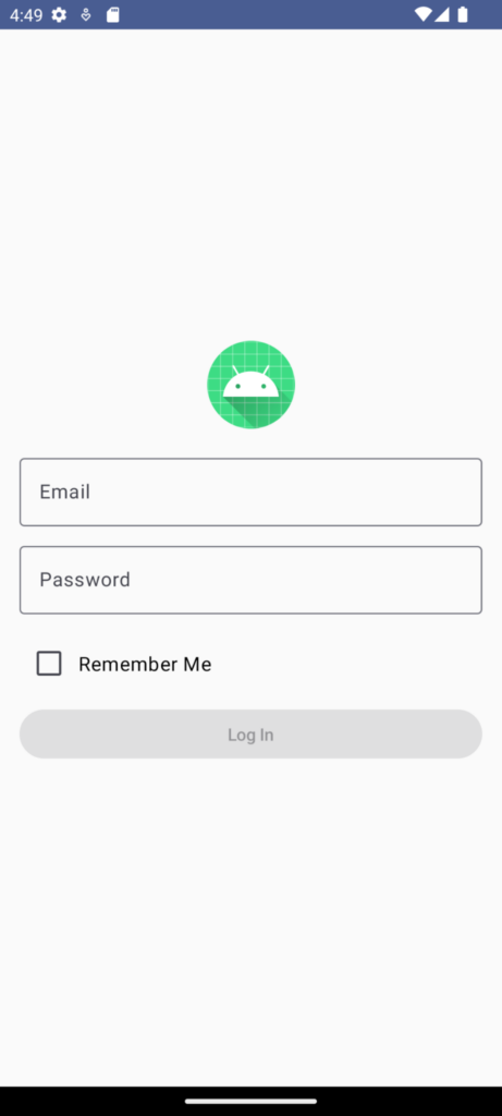 Tela de um celular android, nela aparece email e password como campos a serem preenchidos para fazer login.