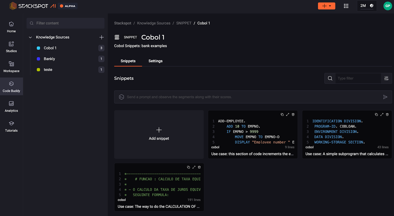 Imagem do artigo sobre fontes conhecimento com tela da StackSpot AI em tema escuro. Com a seção fontes de conhecimento SNIPPET Cobol 1 aberta com três opções de caso de uso.