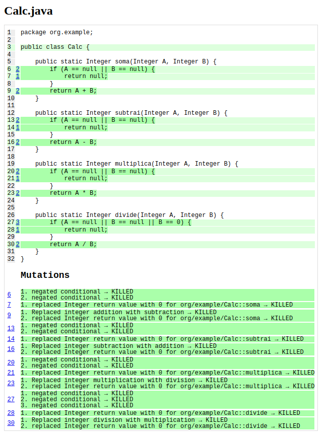 Relatório do Pitest da classe Calc.java indicando 100% de cobertura de linha e todas as condições de mutação.
