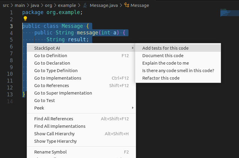 StackSpot AI menu displayed over the selected code