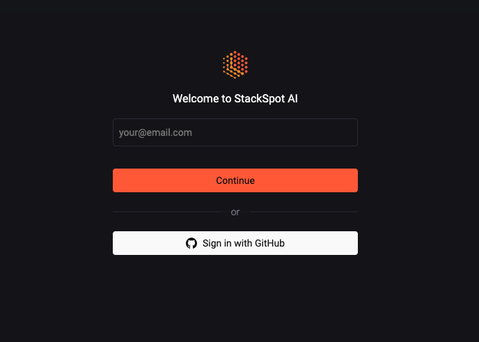 Image of the authentication screen of the StackSpot AI platform. Content acceptance testing.