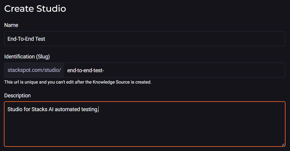 Image of the Studio registration screen on the StackSpot AI platform, with the fields: name, identification, and description. Content acceptance testing.