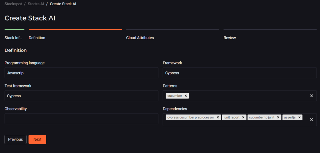 Image of the registration screen for a Stack AI on the StackSpot AI platform, with the fields: Programming language, Framework, Test framework, Patterns, Observability and Dependencies.Content acceptance testing.