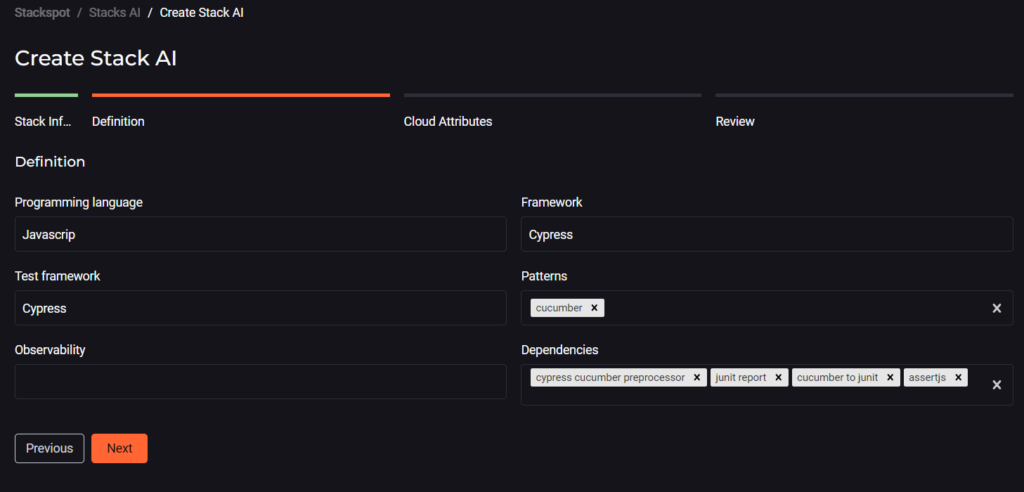 Image of the registration screen for a Stack AI on the StackSpot AI platform, with the fields: Programming language, Framework, Test framework, Patterns, Observability and Dependencies.
Content acceptance testing.