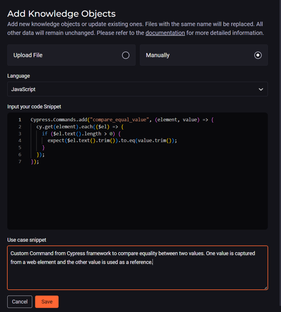 Image of the Snippet registration screen on the StackSpot AI platform, with the fields: Language, Code, and Use case. Content acceptance testing.