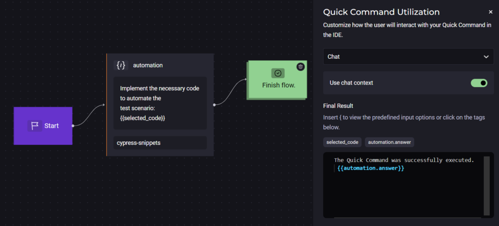 Image of the registration flow for a Custom Quick Command of the Prompt type on the StackSpot AI platform. Content acceptance testing. 
