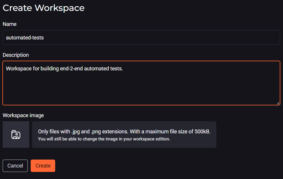 Image of the Workspace registration screen on the StackSpot AI platform, with the fields: Name, Description, and Image. Content acceptance testing.