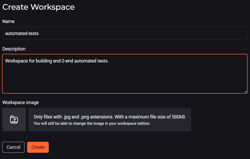 Image of the Workspace registration screen on the StackSpot AI platform, with the fields: Name, Description, and Image. Content acceptance testing. 