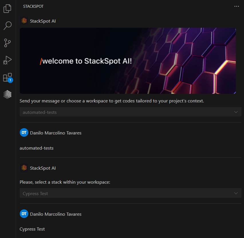 Screenshot of the StackSpot AI welcome screen in Visual Studio Code (VSCode), with Workspace and Stack AI already selected.