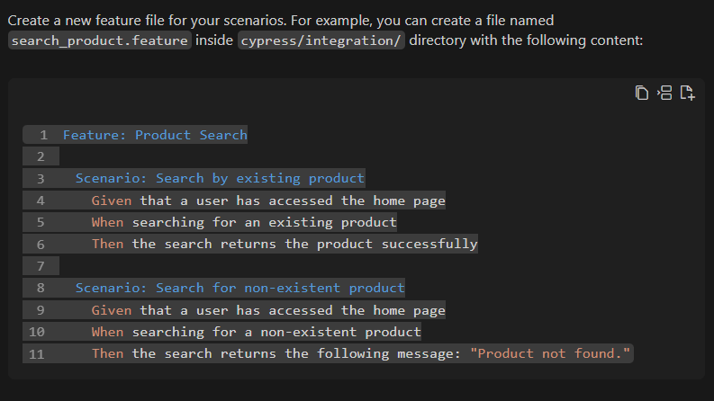 Image of part of the result generated by StackSpot AI, with guidance on creating a feature file in the test project.