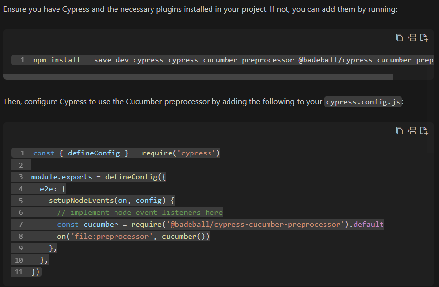 Image of part of the result generated by StackSpot AI, with guidance on the test project settings.