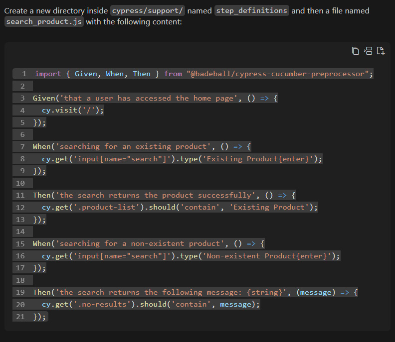 Image of part of the result generated by StackSpot AI, with test steps.