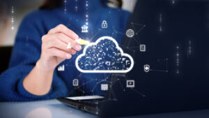 Cover image of the Cloud Migration Project Plan content. It depicts a woman uploading and transferring data from a computer to cloud computing. This illustrates the concept of digital technology, data sheet management with large database capacity, and high security.