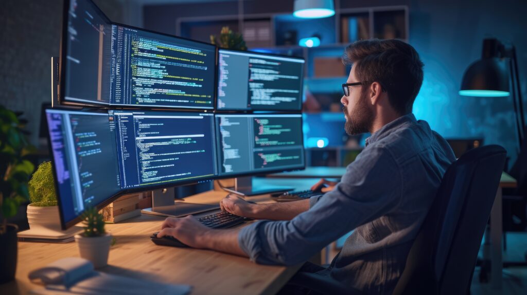 Cover image of the Infrastructure as Code (IaC) content. Where there is a software developer works on code late into the night, illuminated by the glow of multiple computer screens in a modern office.