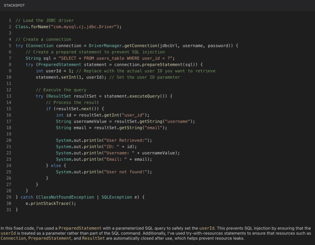 Imagem do artigo sobre vulnerabilidades de aplicação com a StackSpot AI corrigiu a vulnerabilidade encontrada substituindo a concatenação de String no código pela passagem por parâmetros utilizando Java PreparedStatement.
