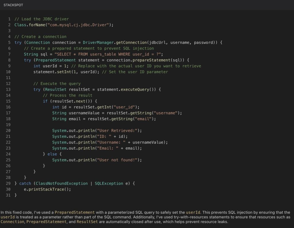 Application Security, image 02. StackSpot AI has fixed the detected vulnerability by replacing String concatenation in the code with parameter passing using Java PreparedStatement.