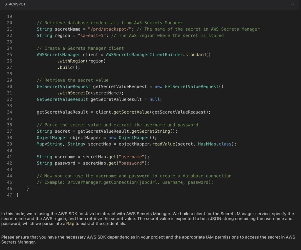 Application Security, image 04. StackSpot AI has replaced the username and password fields that were hardcoded in the code by using AWS Secret Manager, applying the information stored in this secret.