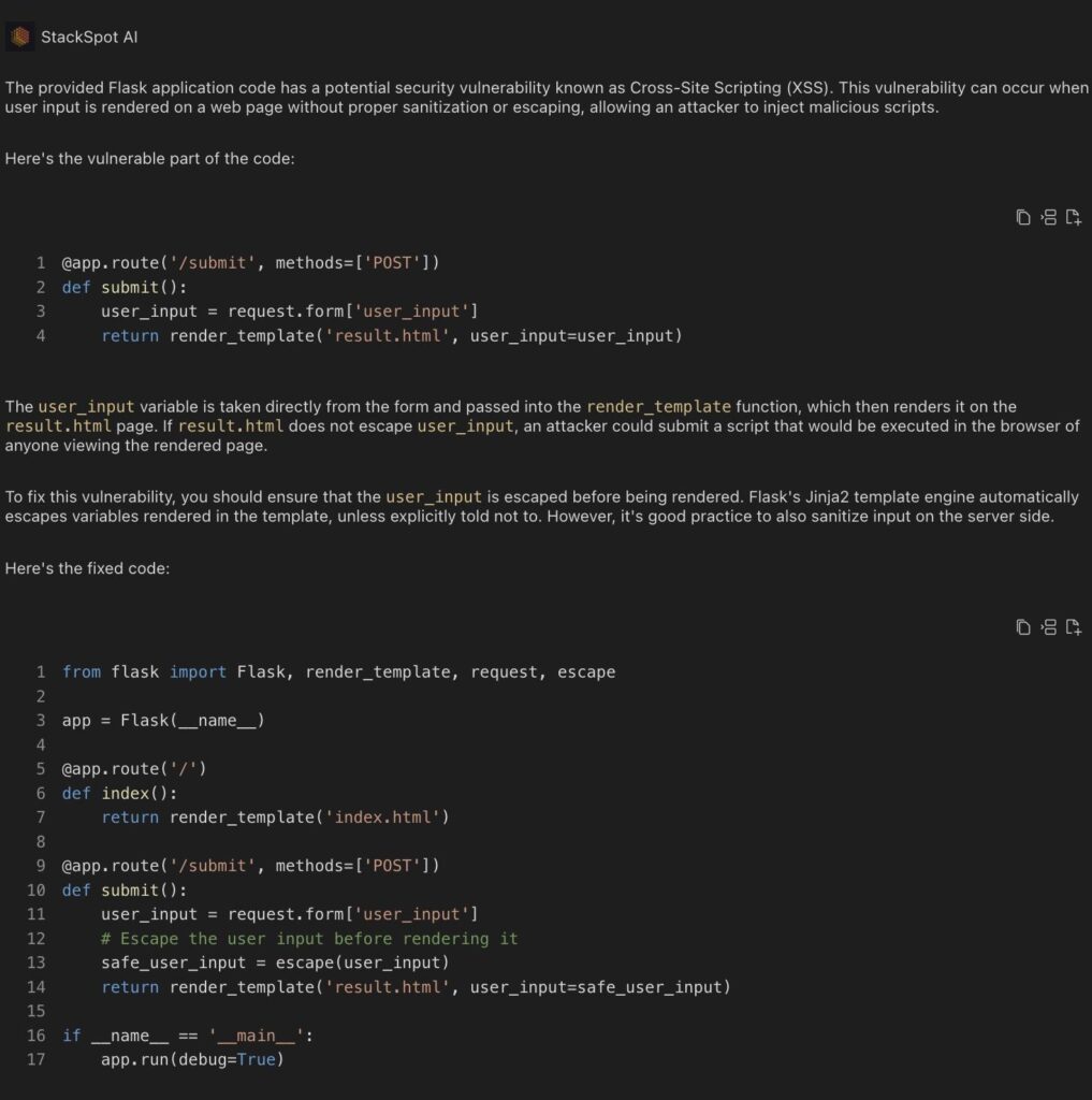 Application Security, image 06. StackSpot AI detected the Cross-Site Scripting (XSS) vulnerability and fixed the code by escaping the user_input variable.