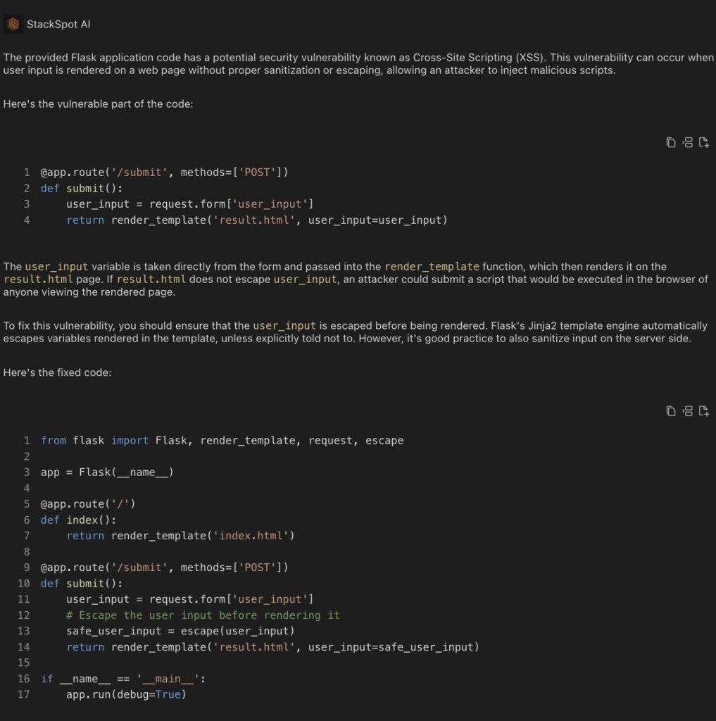 Application Security, image 06. StackSpot AI detected the Cross-Site Scripting (XSS) vulnerability and fixed the code by escaping the user_input variable. 