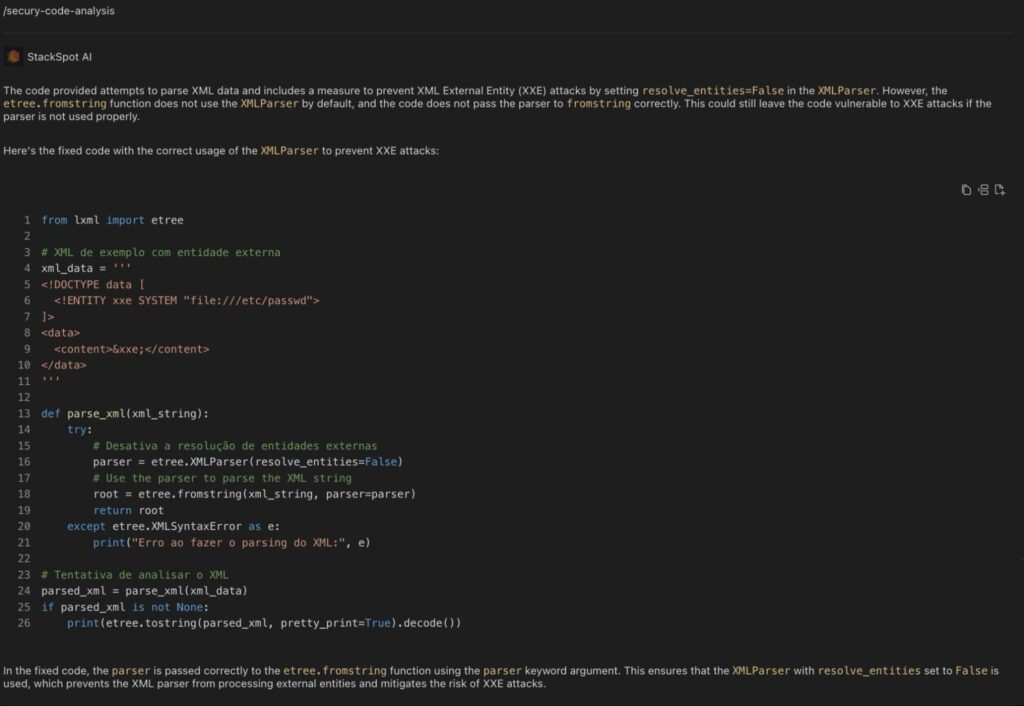 Image from the article on Application Security.The parser is correctly passed to the etree in the corrected code.fromstring function using the 'parser' keyword argument. This ensures the use of XMLParser, with the 'resolve_entities' setting set to False, preventing the XML parser from processing external entities and reducing the risk of XXE attacks.