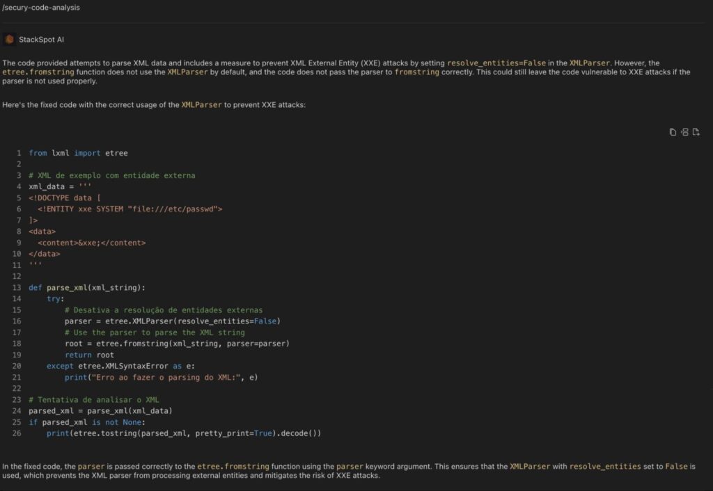 The parser is correctly passed to the etree in the corrected code.fromstring function using the 'parser' keyword argument. This ensures the use of XMLParser, with the 'resolve_entities' setting set to False, preventing the XML parser from processing external entities and reducing the risk of XXE attacks.