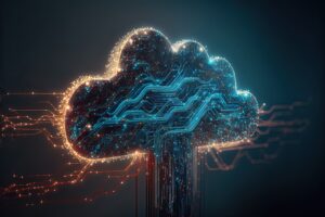 Artificial Intelligence and Cloud Computing cover. Cloud computing for digital storage and transfer big data on internet. Futuristic. Generative AI