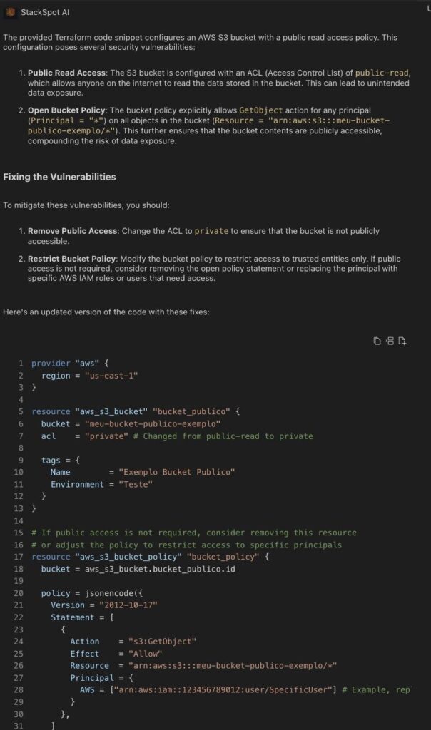 StackSpot AI has removed public access to bucket S3 and restricted access policies. Image from the article on Application Security.