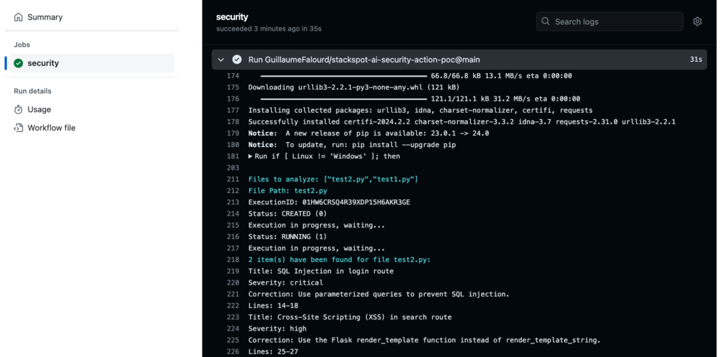 Image from the CI/CD Pipeline article. Illustration of the GitHub Actions tab on GitHub, with the logs of a workflow run, highlighting the action output with two vulnerabilities detected for the test2.py file, detailed using the title, severity, correction, and lines fields defined in the prompt.