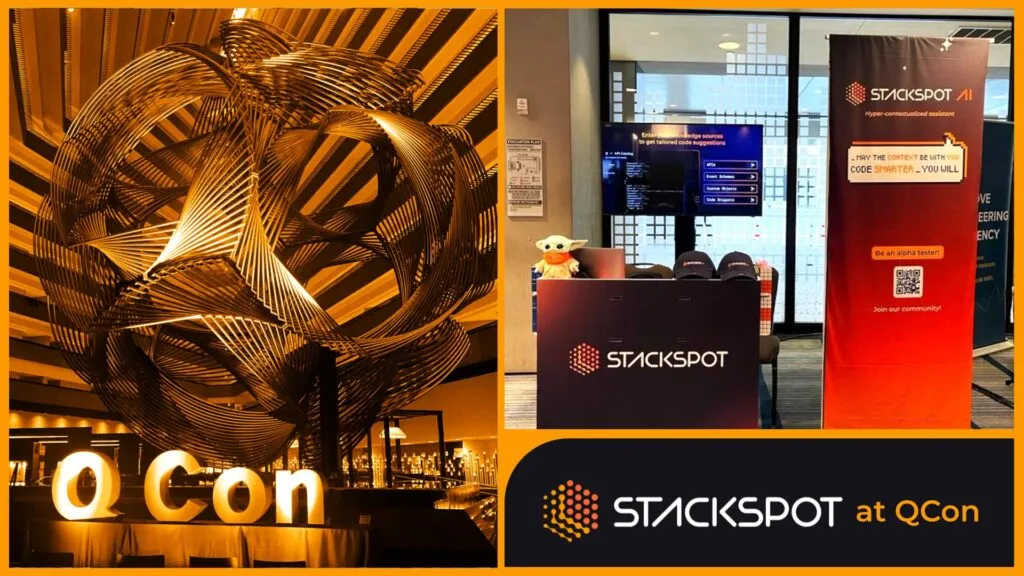 Capa do artigo "QCon San Francisco 2023: os destaques do evento segundo StackSpot", nela está uma imagem de um monumento em frente a estrutura de QCon e ao lado uma foto do estande de StackSpot, com uma bancada e uma televisão ao fundo.